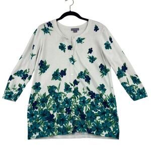 Laura Scott Cardigan Sweater Size M Blue Green Floral Button Up Stretch Knit